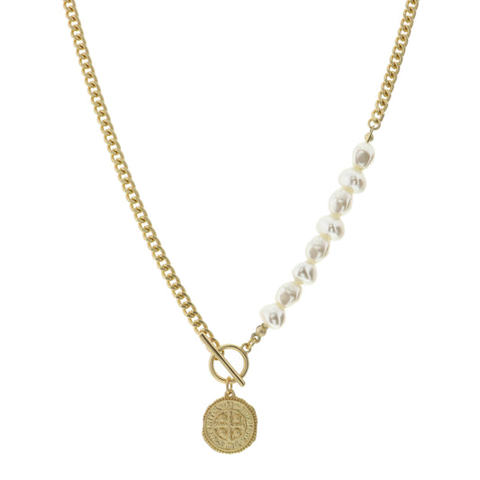 16" Chain & Pearl with Decorative Cross Circle Necklace, 3" Ext