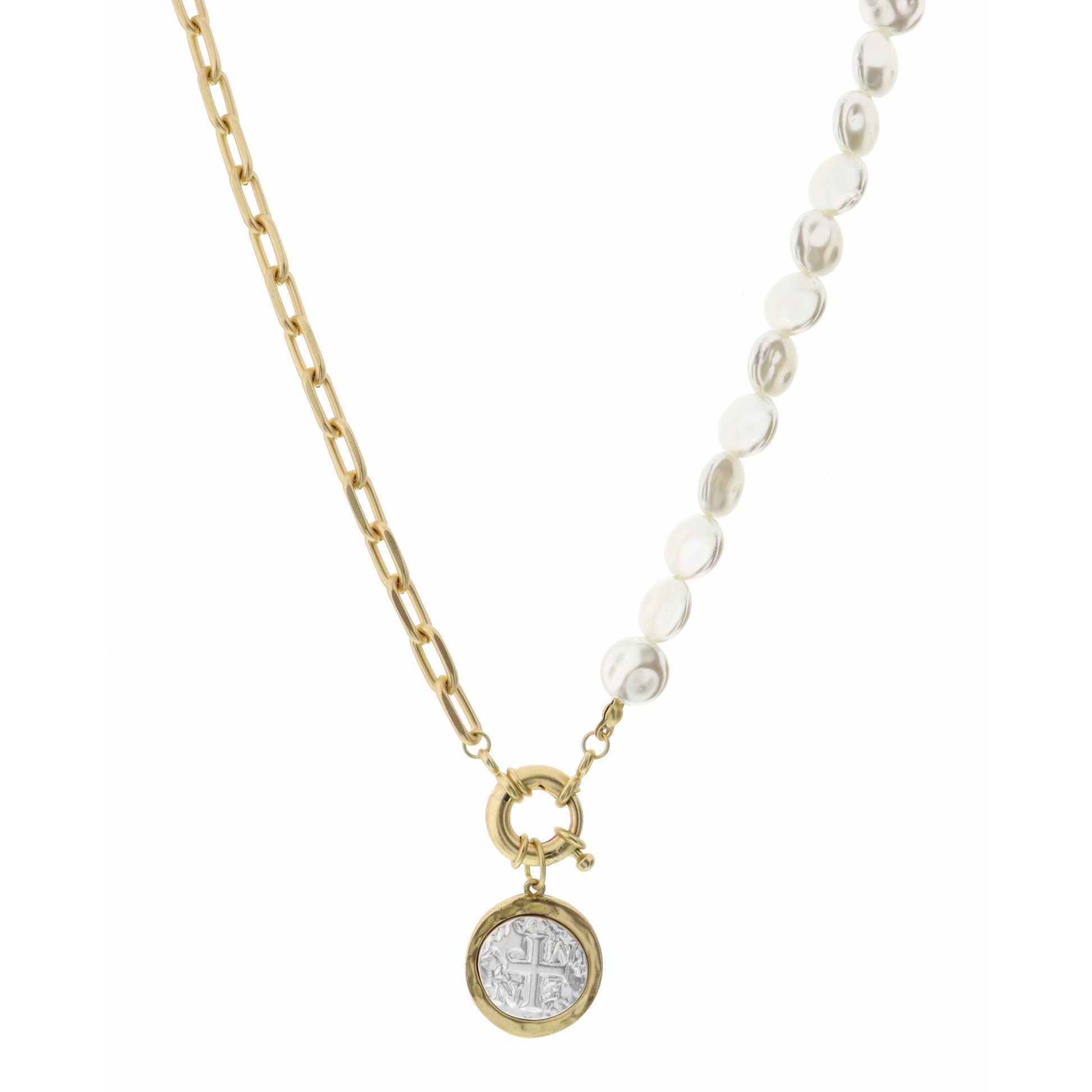 16" Chain & Pearl with Two Tone Circle Cross Necklace, 3" Ext
