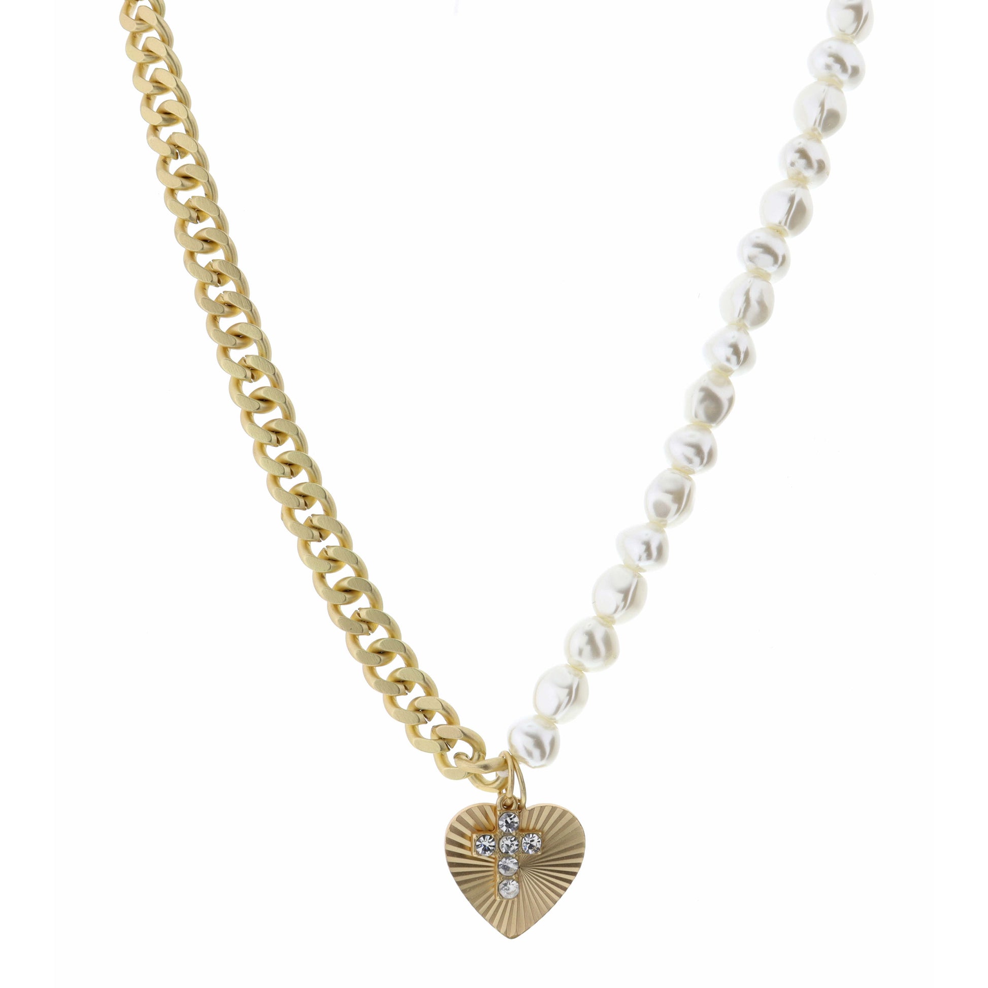 16" Chain & Pearl with Textured Heart & Crystal Cross Necklace, 3" Ext