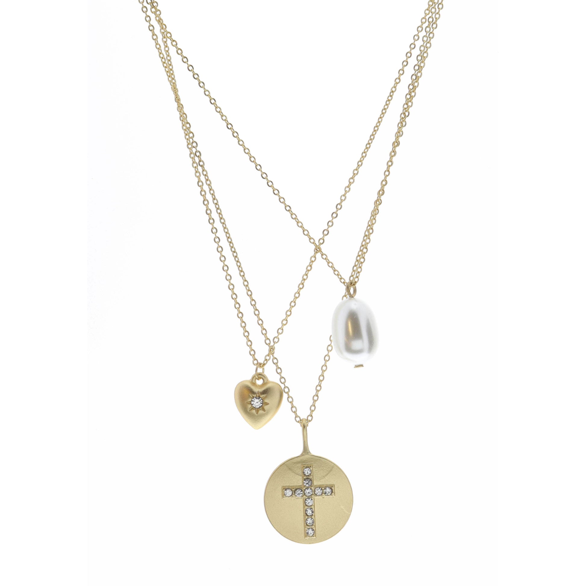 15", 16", 17" Pearl, Crystal Heart, Crystal Cross Disk Necklace, 3" Ext