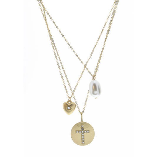 15", 16", 17" Pearl, Crystal Heart, Crystal Cross Disk Necklace, 3" Ext