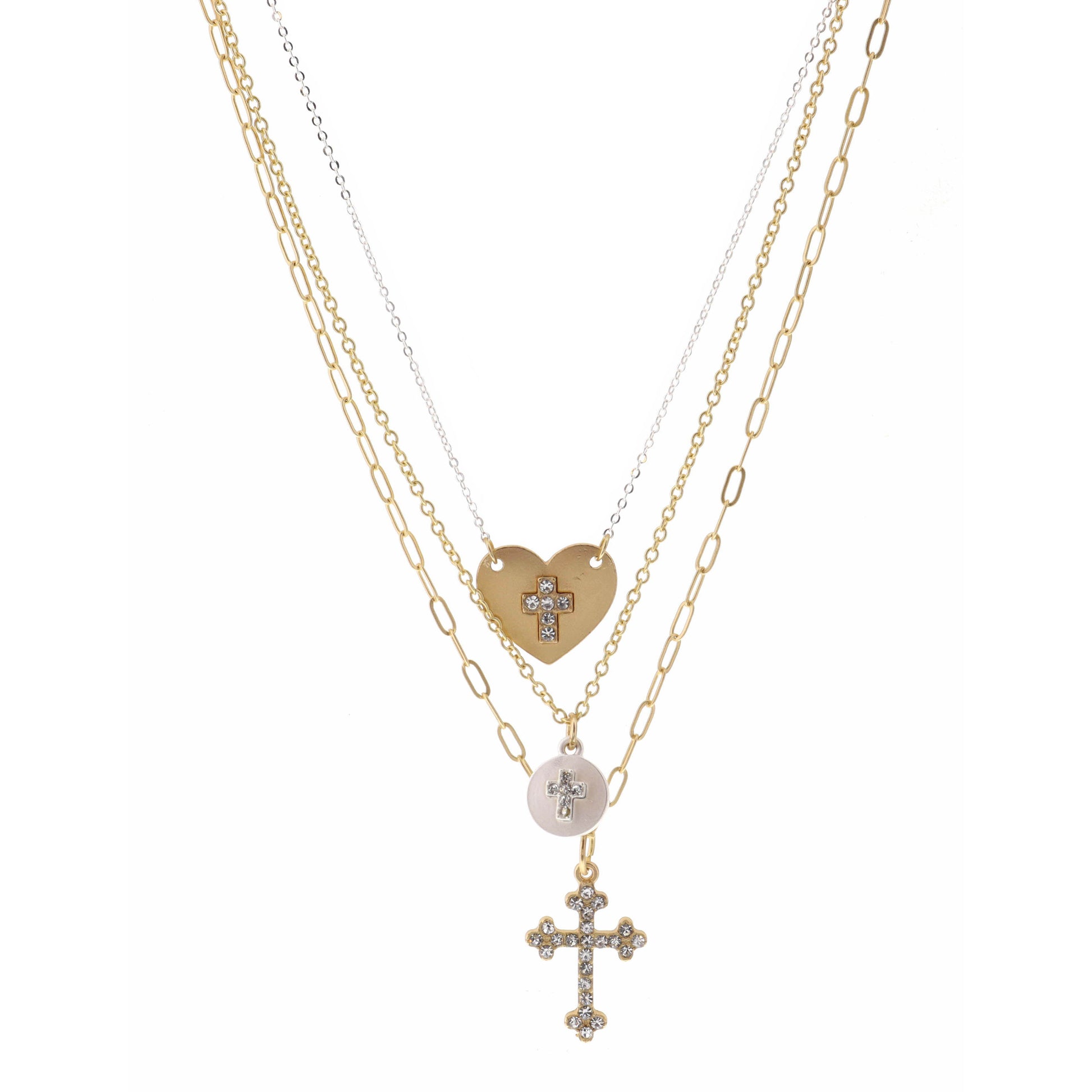 15", 16", 17" Raised Crystal Crosses, Silver Disk, Heart Necklace, 3" Ext
