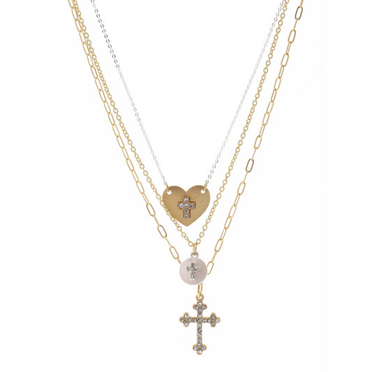 15", 16", 17" Raised Crystal Crosses, Silver Disk, Heart Necklace, 3" Ext