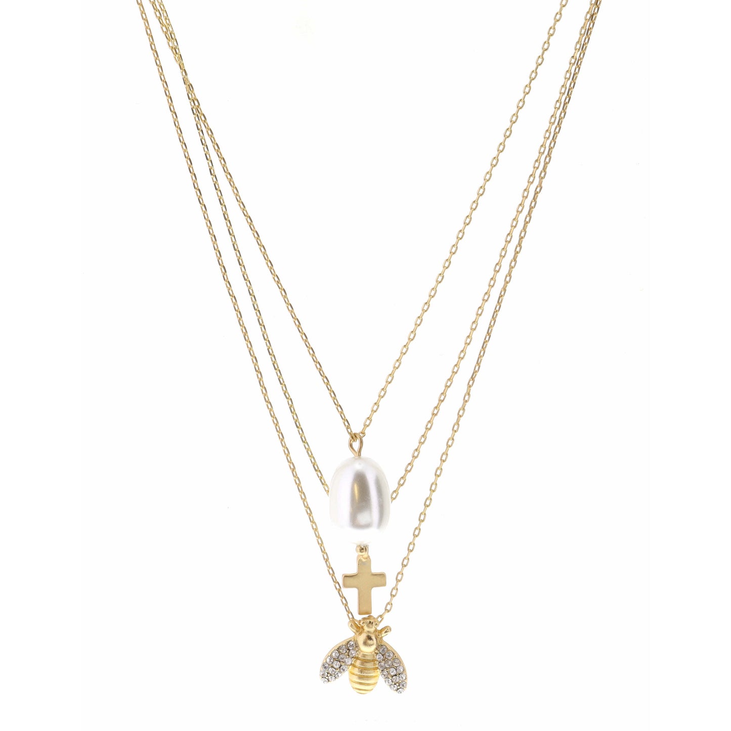 15", 16", 17" Pearl, Cross, Crystal Bee Necklace, 3" Ext