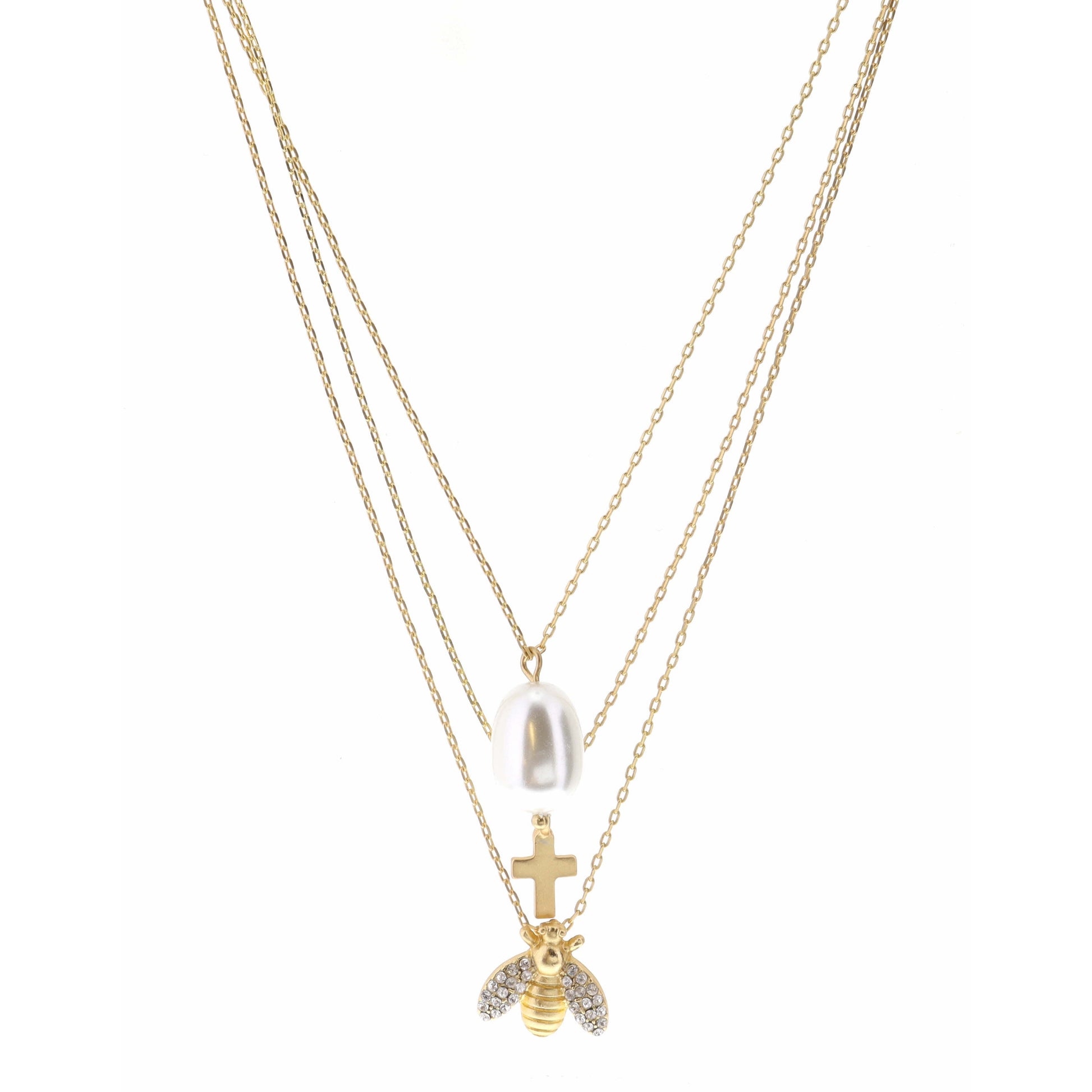 15", 16", 17" Pearl, Cross, Crystal Bee Necklace, 3" Ext