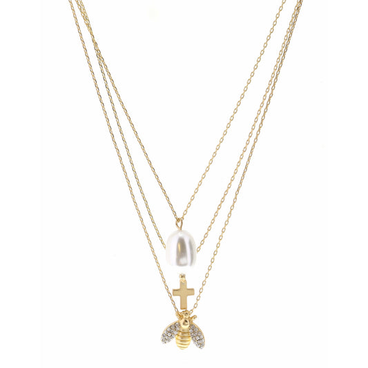 15", 16", 17" Pearl, Cross, Crystal Bee Necklace, 3" Ext