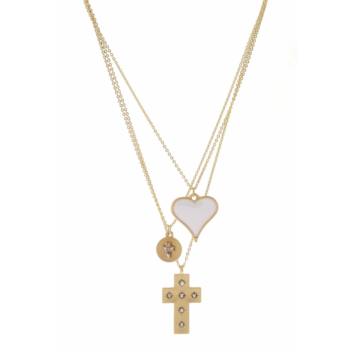 15", 16", 17" White Heart, Cross Disk, Cross with Crystal Necklace, 3" Ext