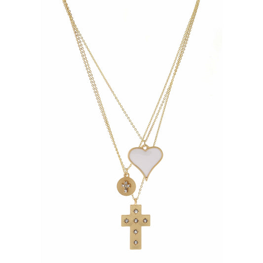 15", 16", 17" White Heart, Cross Disk, Cross with Crystal Necklace, 3" Ext