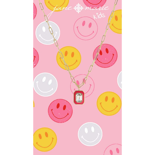 Kids 16" Pink Enamel Rectangle with Center Crystal Necklace, 3" Ext
