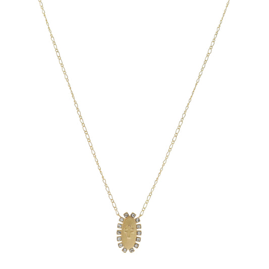 16"  Pointed Oval with Cross and Crystal Accents Necklace, 3" Ext