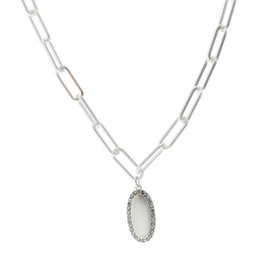 16" Silver Oval with Crystal Outline Necklace, 3" Ext