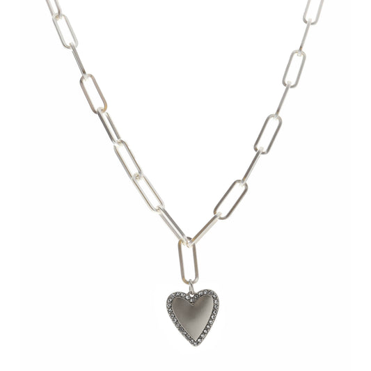 16" Silver Heart with Crystal Outline Necklace, 3" Ext