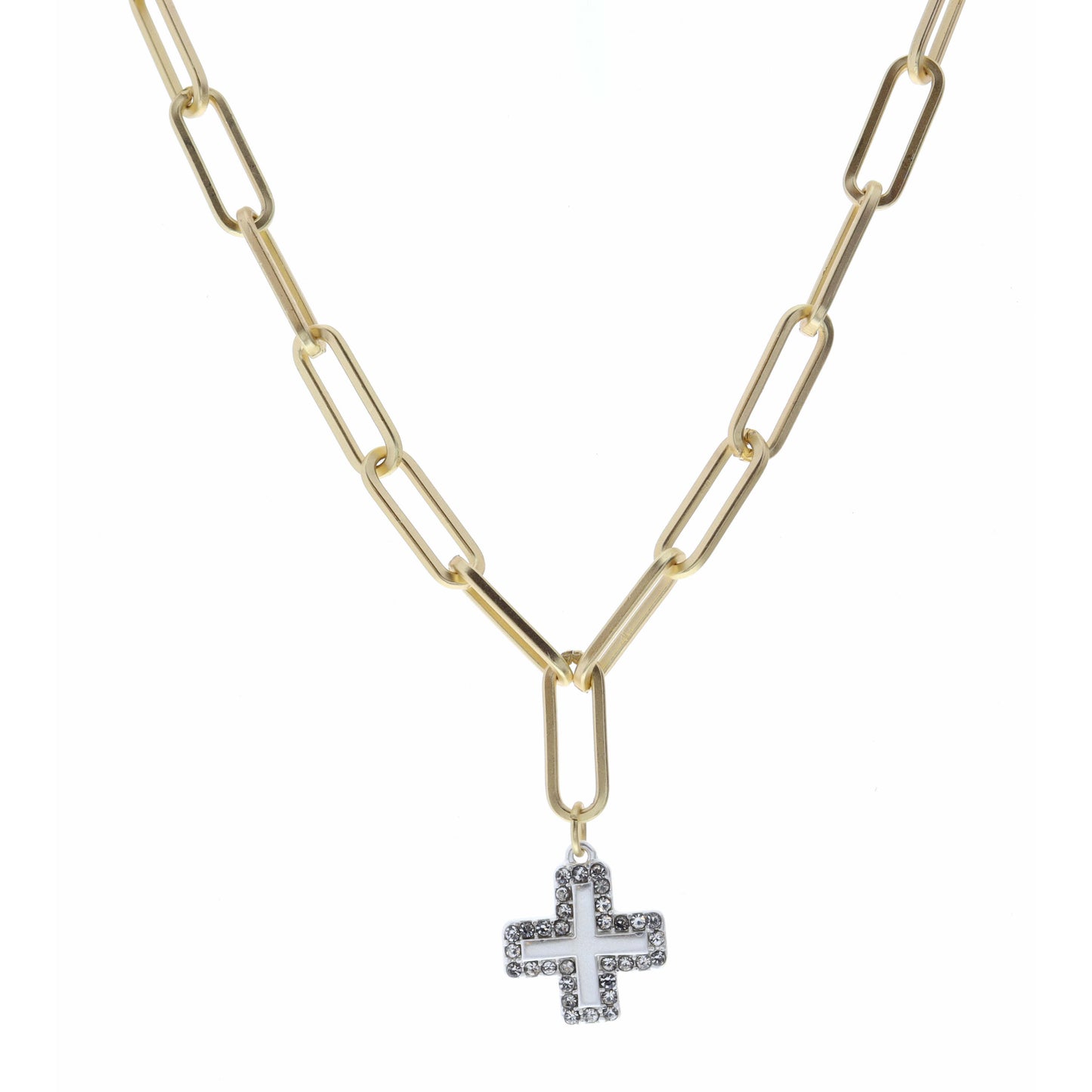 16" Silver Cross with Crystal Outline  Necklace, 3" Ext
