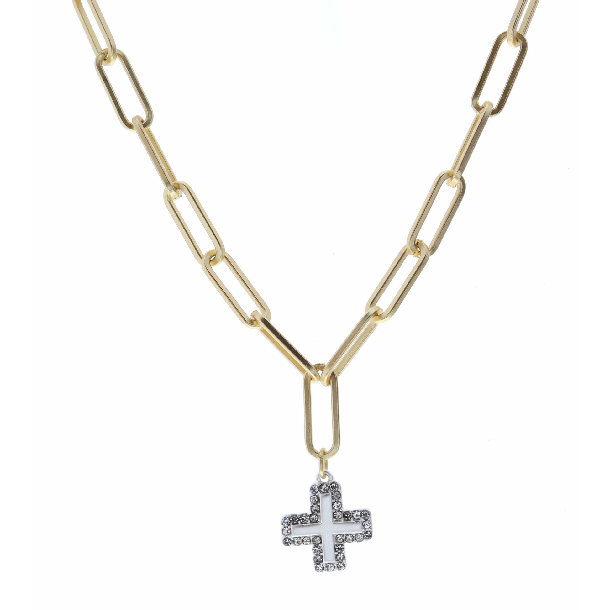 16" Silver Cross with Crystal Outline  Necklace, 3" Ext