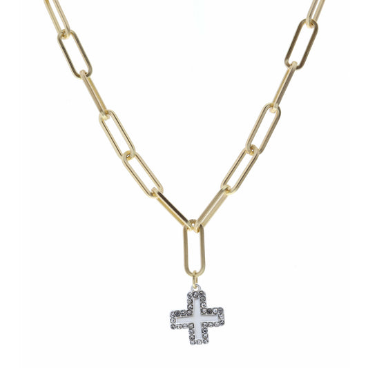 16" Silver Cross with Crystal Outline  Necklace, 3" Ext