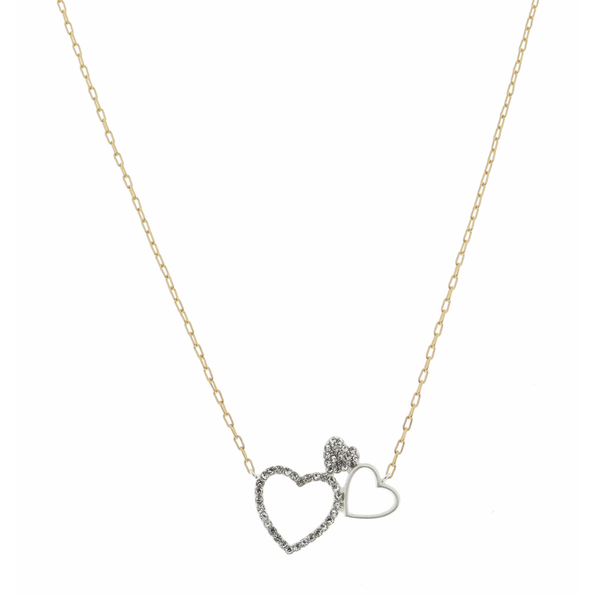 16" Two Tone, Open Heart, Small and Crystal Hearts Necklace, 3" Ext