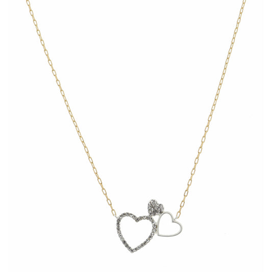 16" Two Tone, Open Heart, Small and Crystal Hearts Necklace, 3" Ext