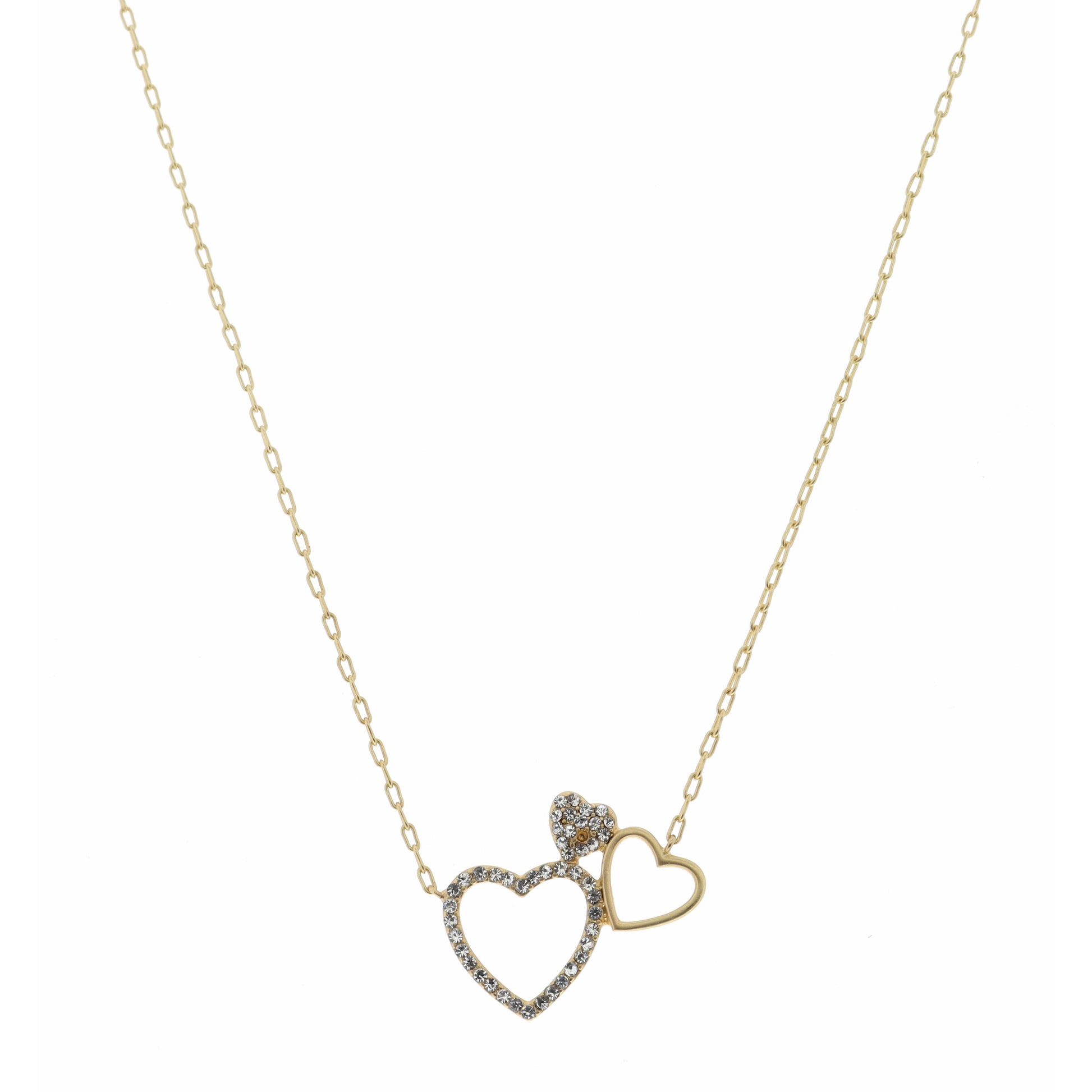 16" Gold, Open Heart, Small and Crystal Hearts Necklace, 3" Ext