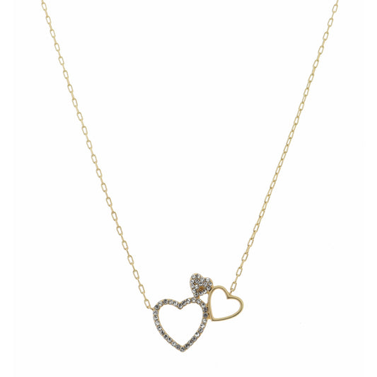 16" Gold, Open Heart, Small and Crystal Hearts Necklace, 3" Ext