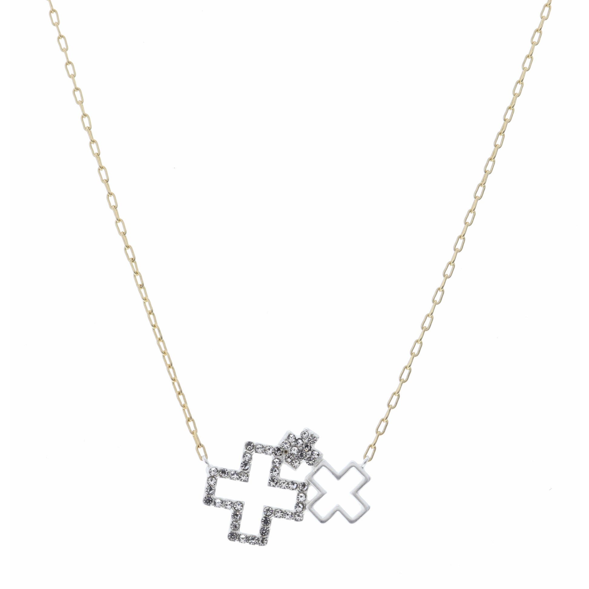 16" Two Tone, Open Cross, Small and Crystal Crosses Necklace, 3" Ext