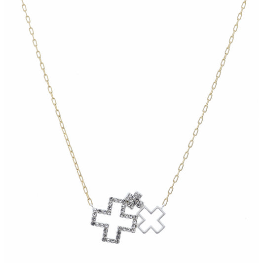 16" Two Tone, Open Cross, Small and Crystal Crosses Necklace, 3" Ext