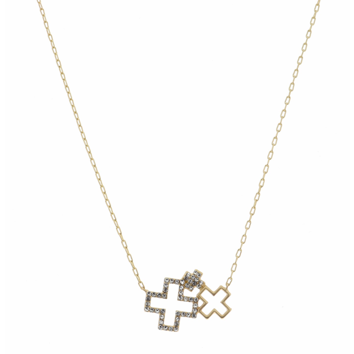 16" Gold, Open Cross, Small and Crystal Crosses Necklace, 3" Ext