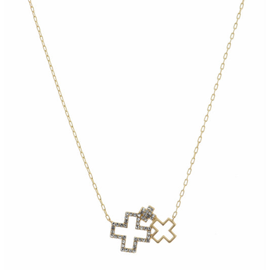 16" Gold, Open Cross, Small and Crystal Crosses Necklace, 3" Ext