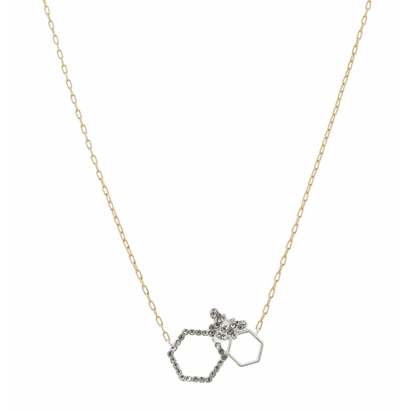 16" Two Tone, Open Hexagon, Small and Crystal Hexagons Necklace, 3" Ext