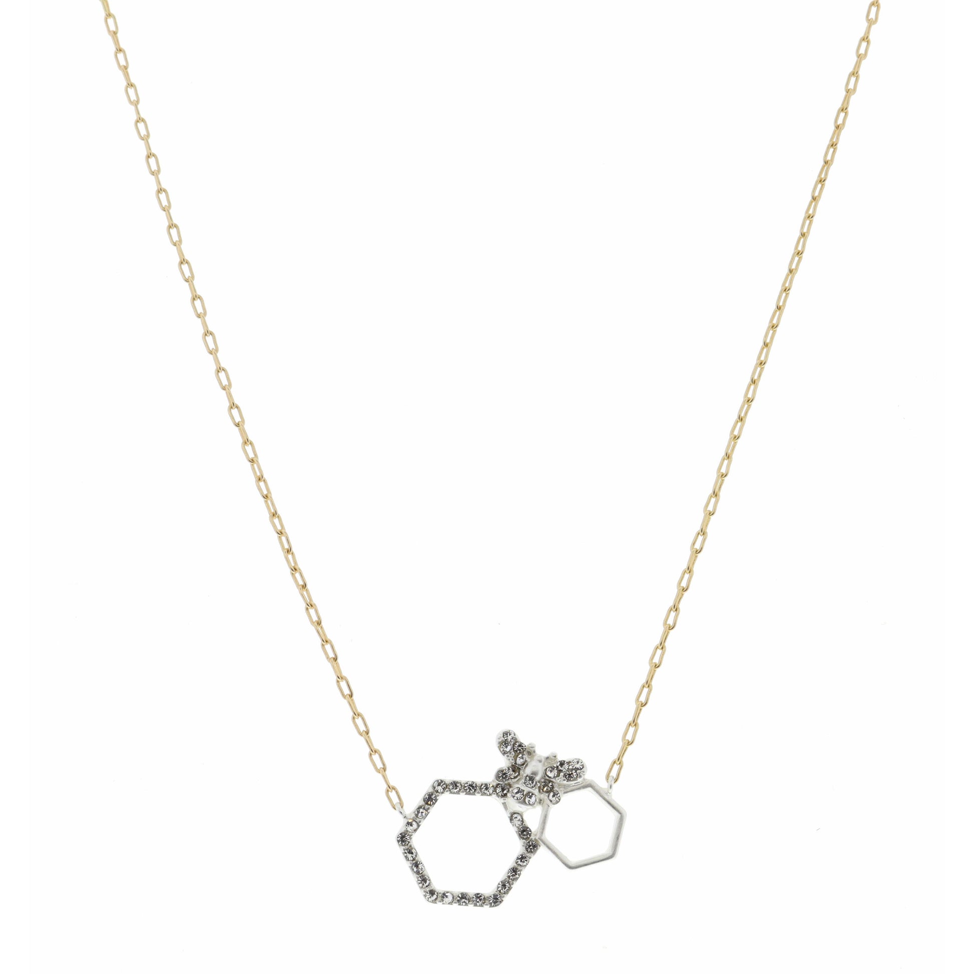 16" Two Tone, Open Hexagon, Small and Crystal Hexagons Necklace, 3" Ext