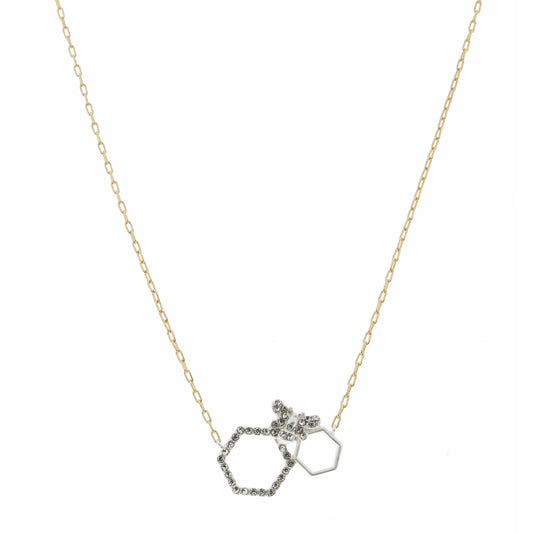 16" Two Tone, Open Hexagon, Small and Crystal Hexagons Necklace, 3" Ext