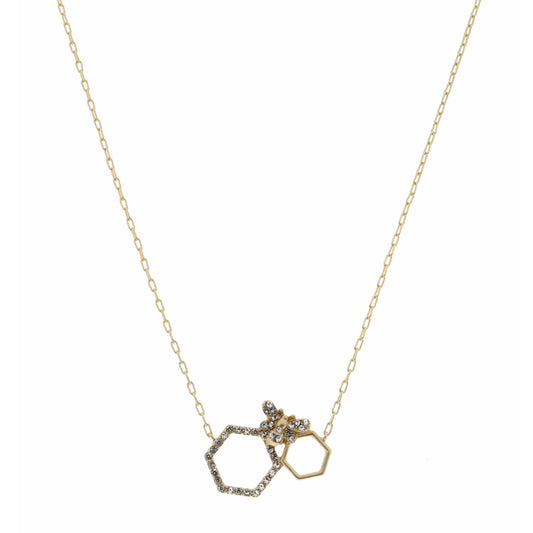 16" Gold, Open Hexagon, Small and Crystal Hexagons Necklace, 3" Ext