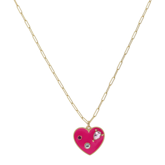 Kids 14" Hot Pink Heart with Multi Crystals Necklace, 3" Ext