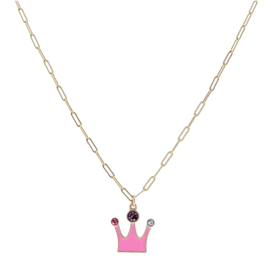 Kids 14" Pink Crown with Multi Crystals Necklace, 3" Ext