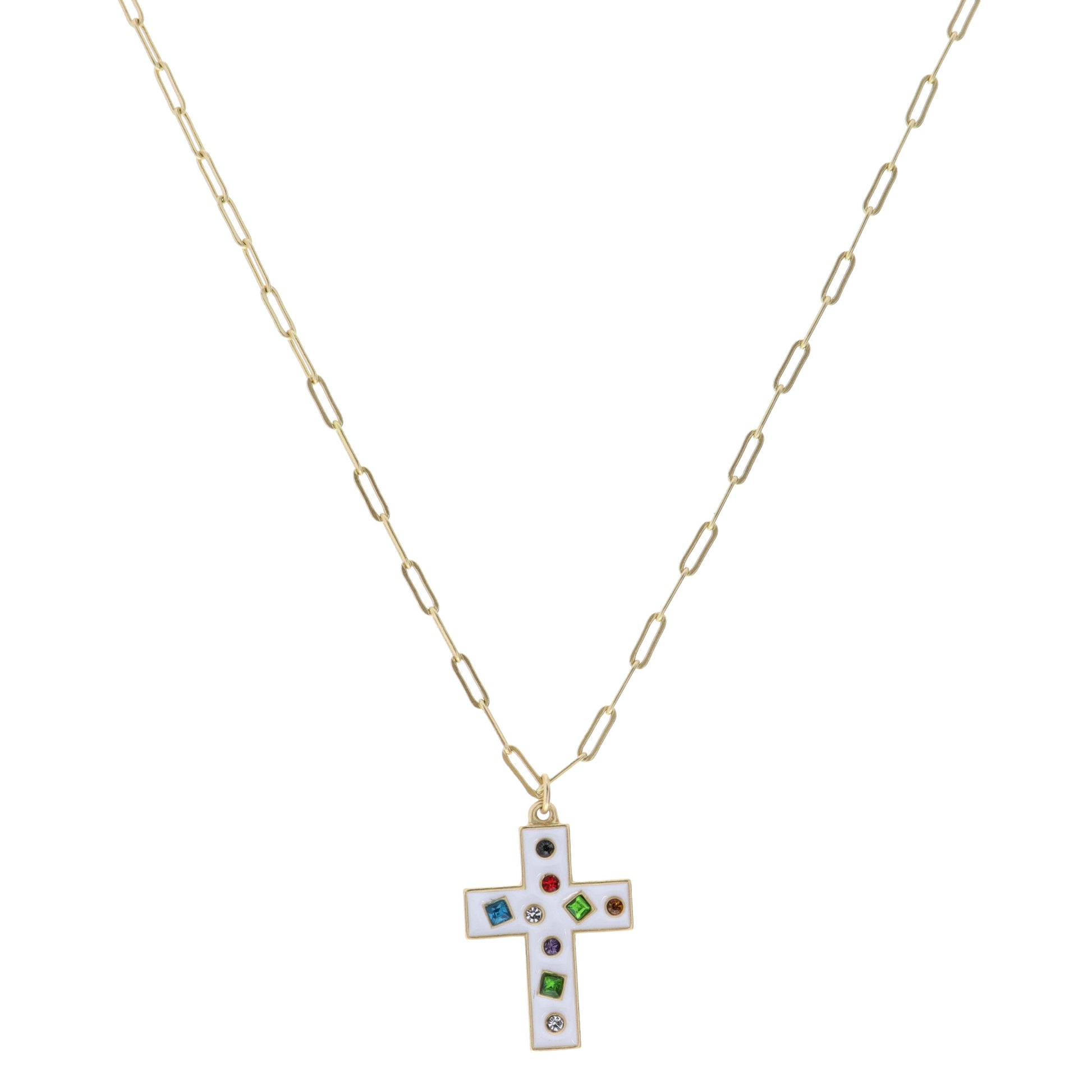 Kids 14" White Cross with Multi Crystals Necklace, 3" Ext