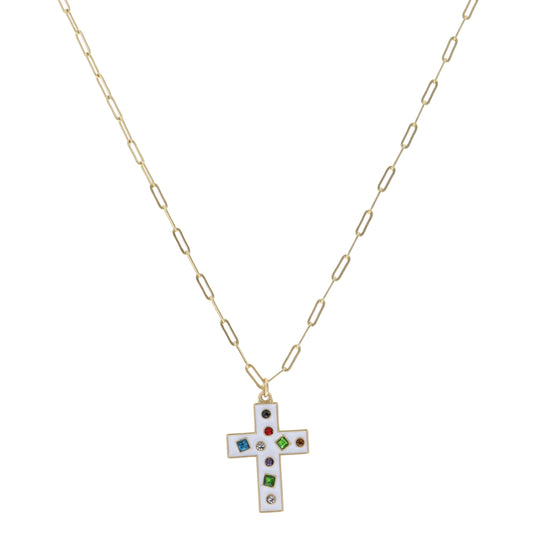 Kids 14" White Cross with Multi Crystals Necklace, 3" Ext