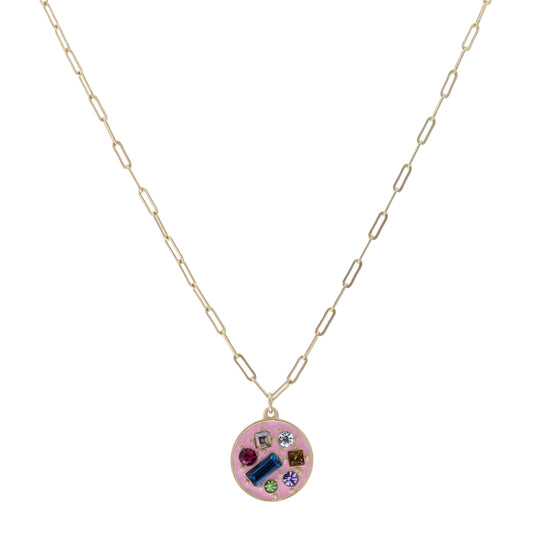 Kids 14" Pink Circle with Multi Crystals Necklace, 3" Ext