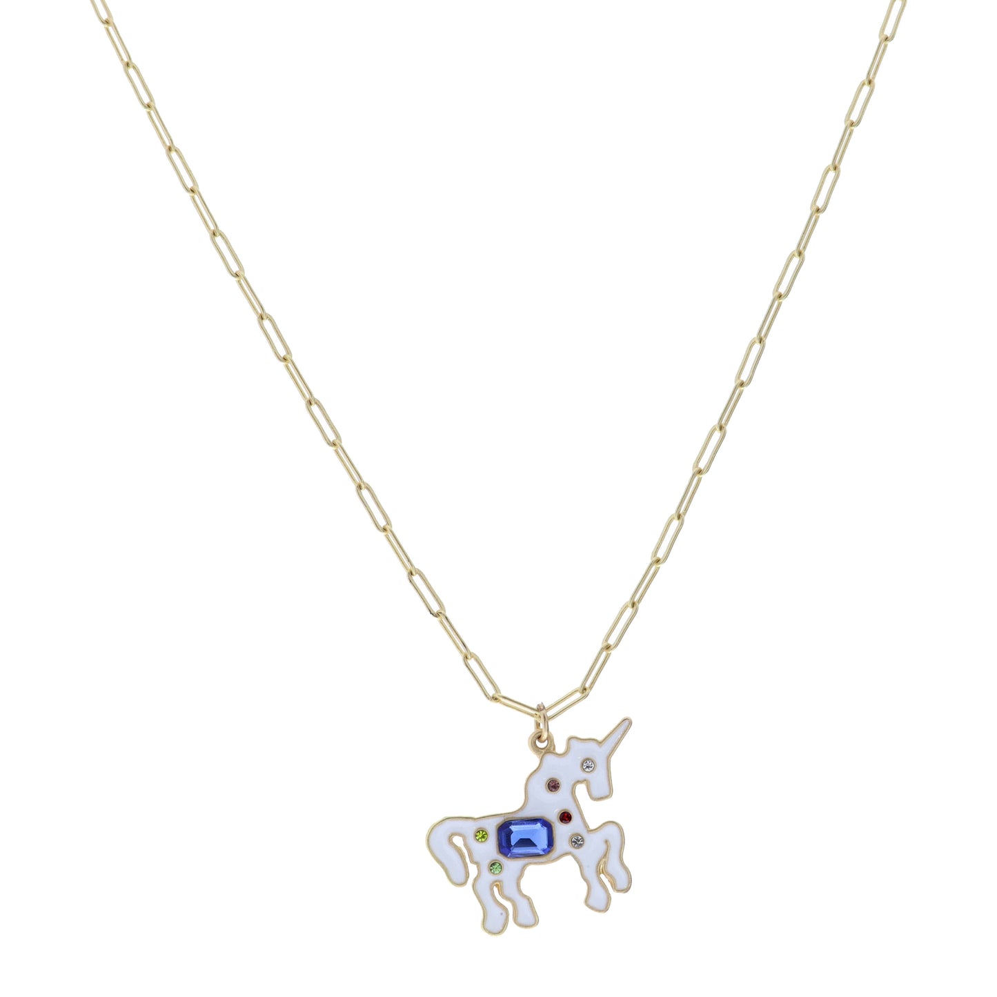 Kids 14" White Unicorn with Multi Crystals Necklace, 3" Ext