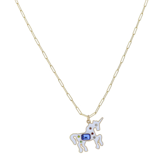Kids 14" White Unicorn with Multi Crystals Necklace, 3" Ext