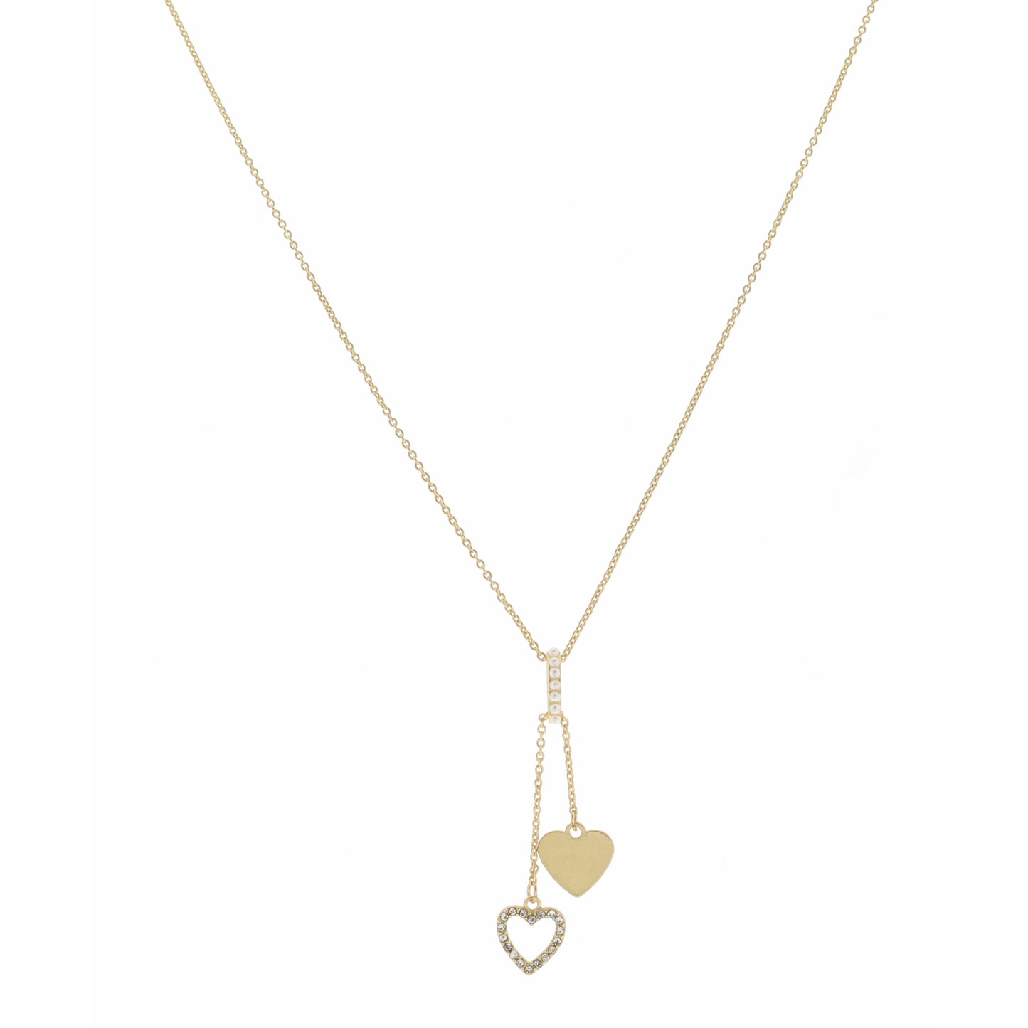 16" Pearl Hoop with Open Heart & Gold Heart Dangles Necklace, 3" Ext