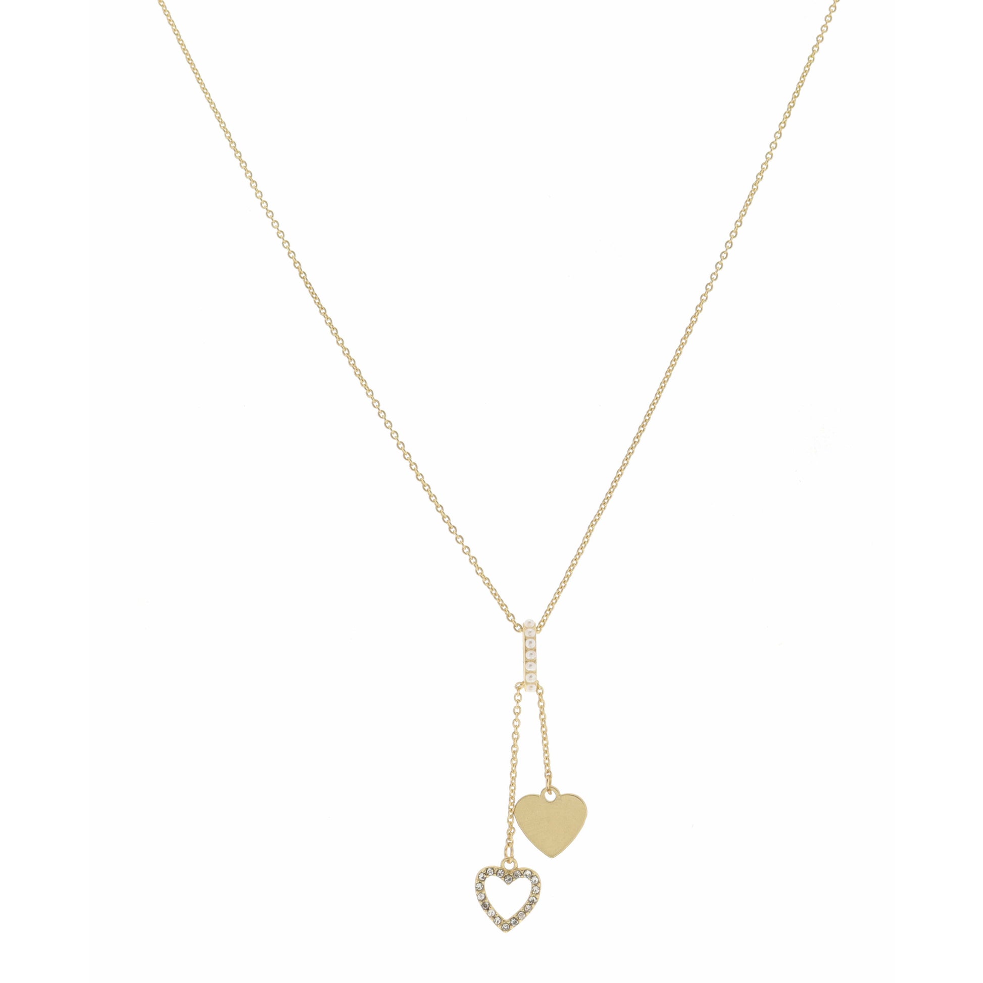 16" Pearl Hoop with Open Heart & Gold Heart Dangles Necklace, 3" Ext
