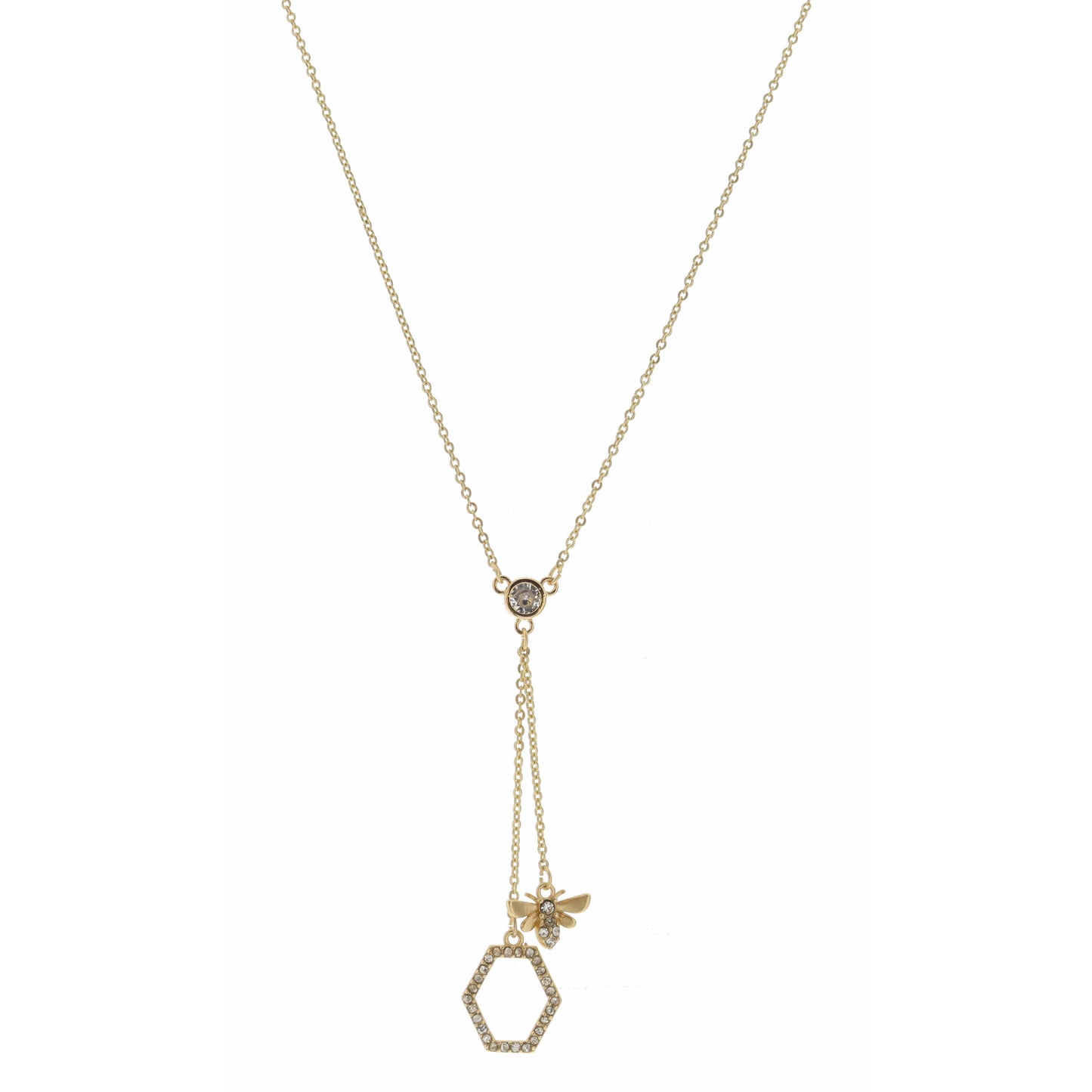 16" Crystal Station with Bee & Hexagon Dangles Necklace, 3" Ext