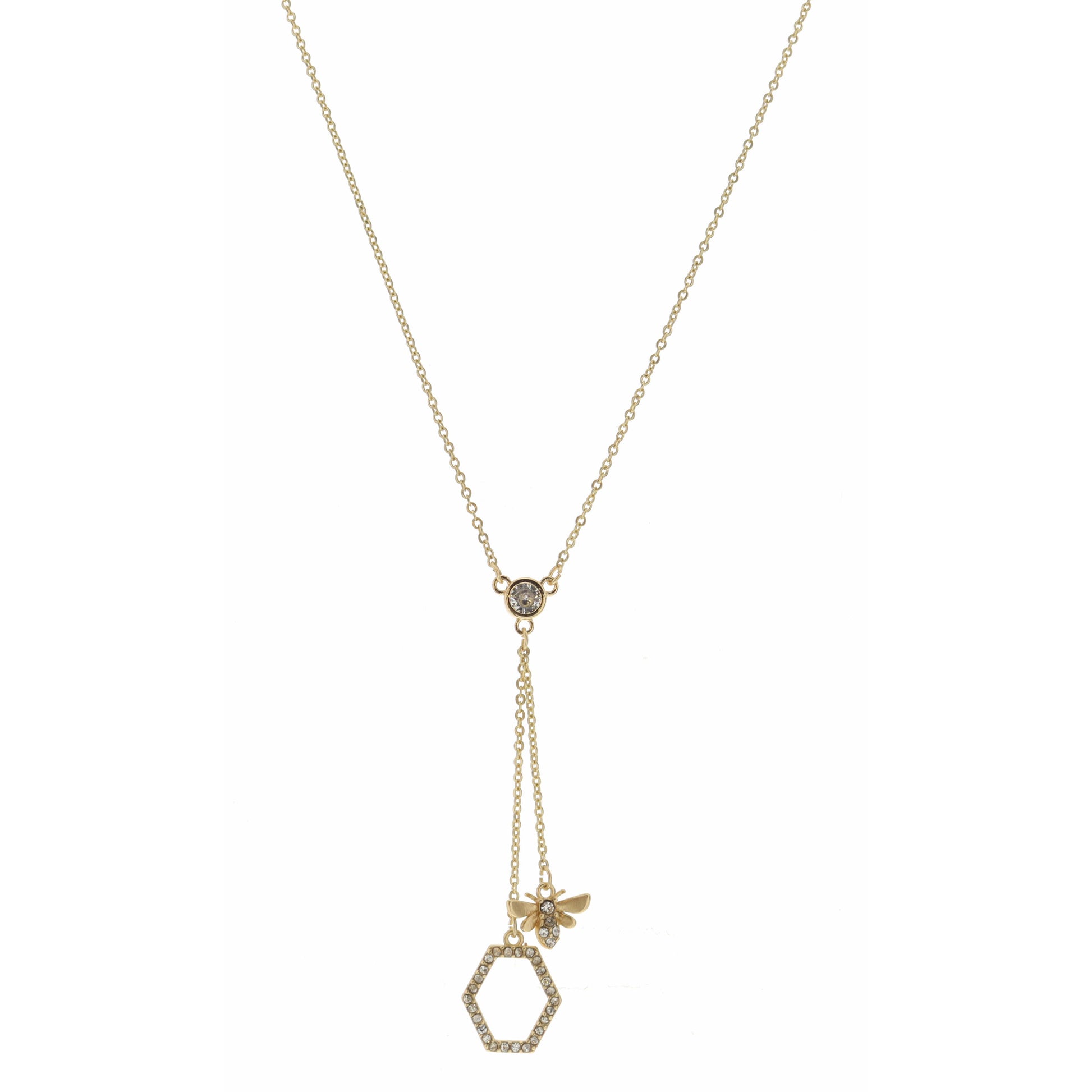 16" Crystal Station with Bee & Hexagon Dangles Necklace, 3" Ext