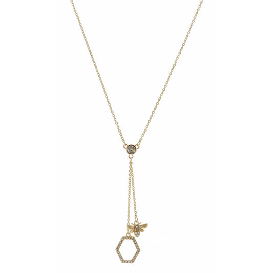 16" Crystal Station with Bee & Hexagon Dangles Necklace, 3" Ext