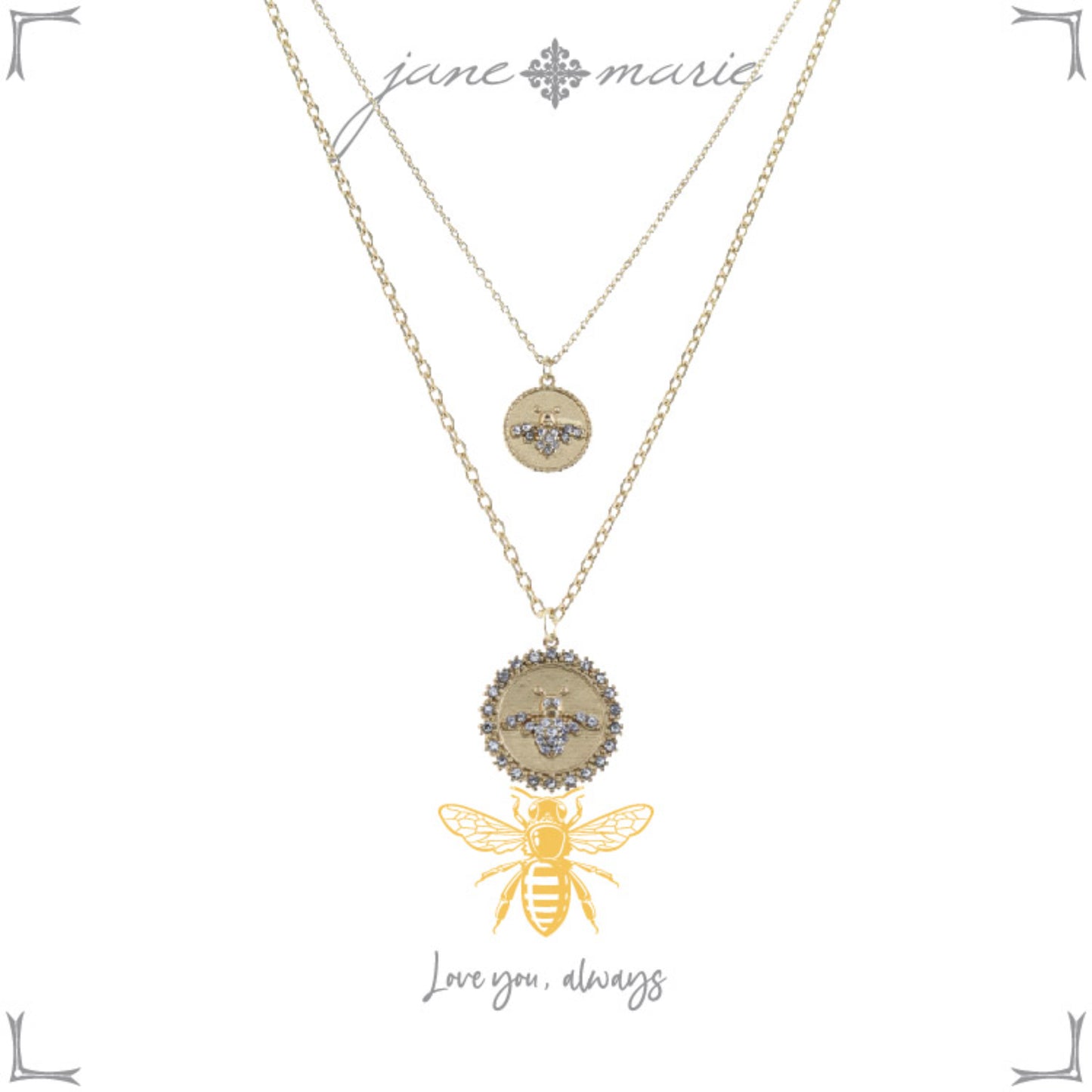 Kids 14", 16" Mom + Daughter Set, Disks with Crystal Bees Necklace, 3" Ext