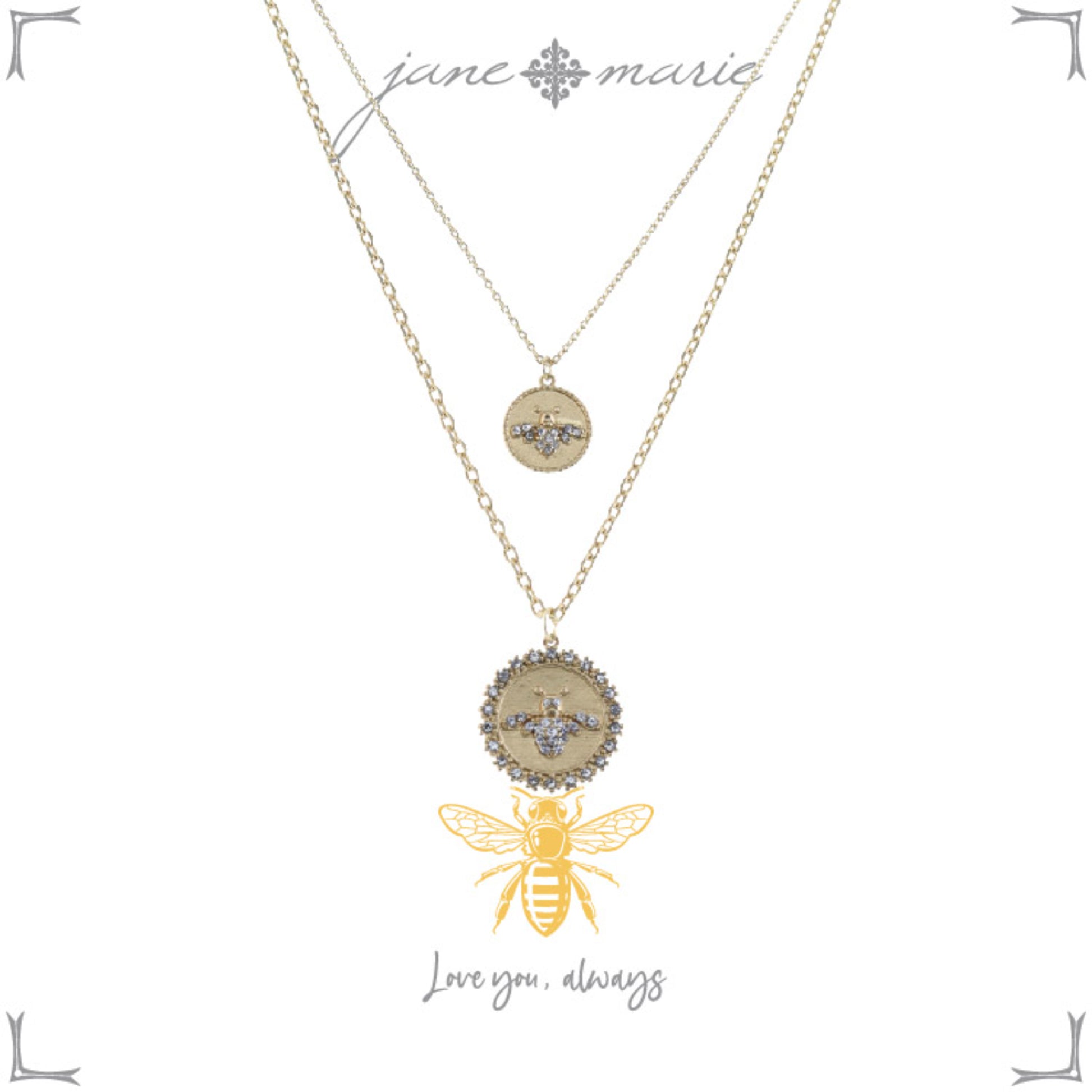 Kids 14", 16" Mom + Daughter Set, Disks with Crystal Bees Necklace, 3" Ext