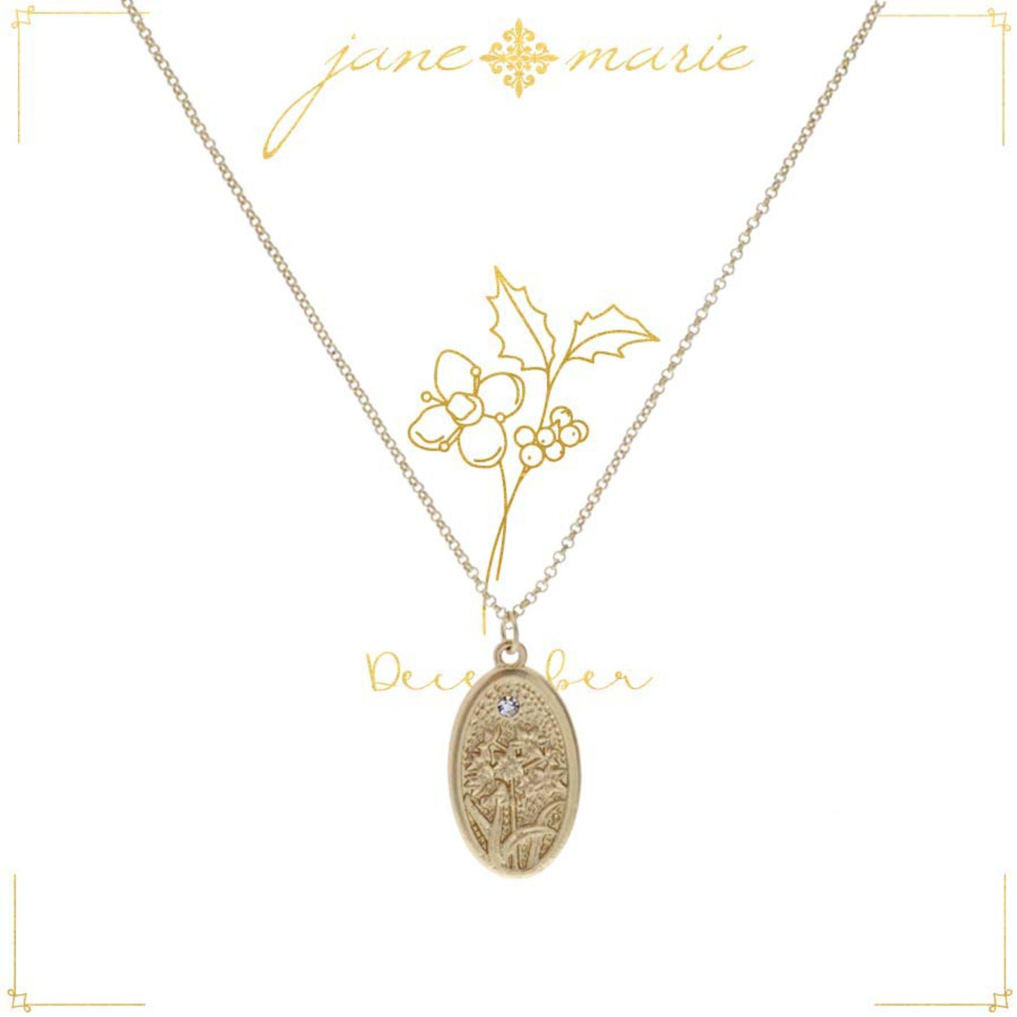 18" Holly "December", Floral Oval Necklace, 3" Ext