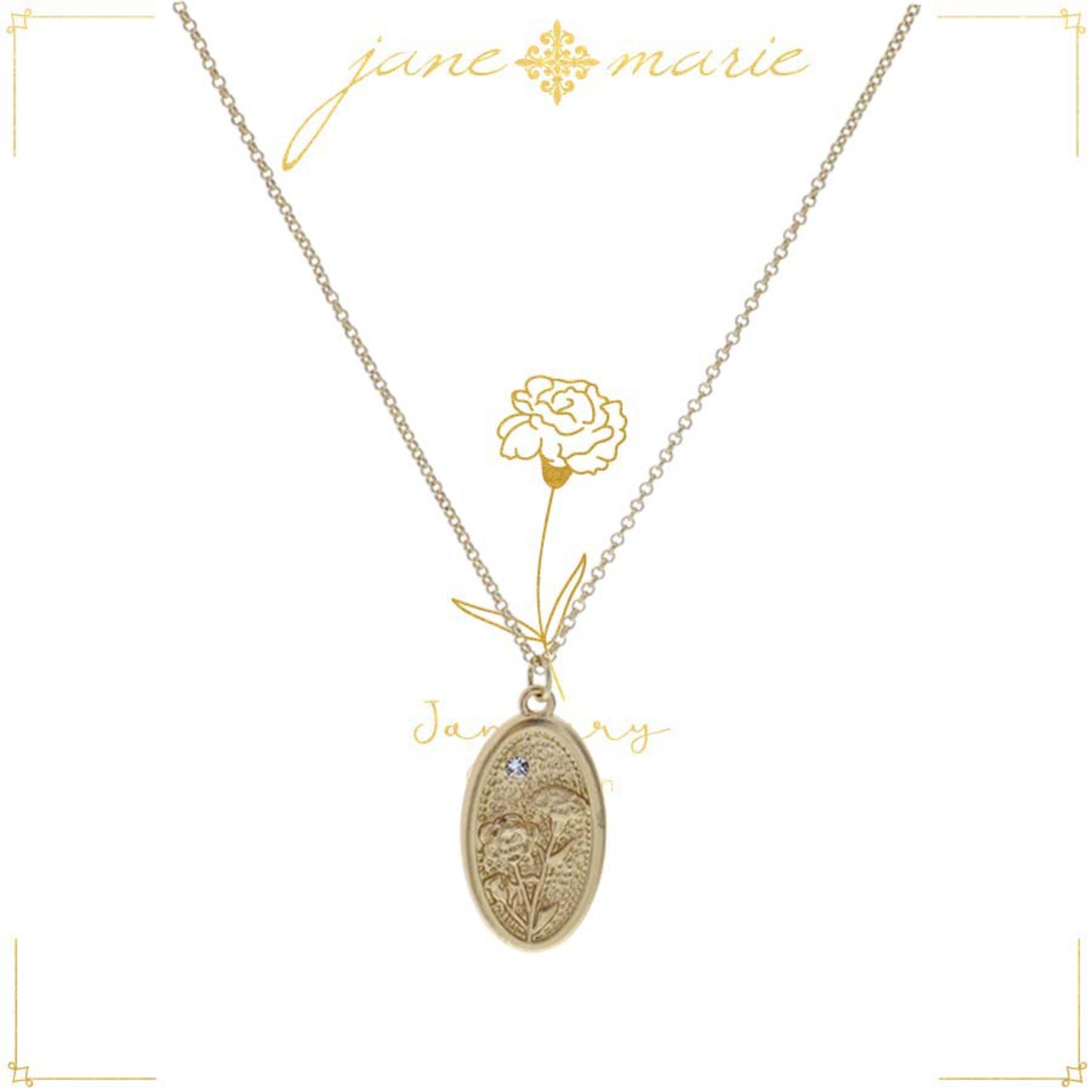 18" Carnation "January", Floral Oval  Necklace, 3" Ext