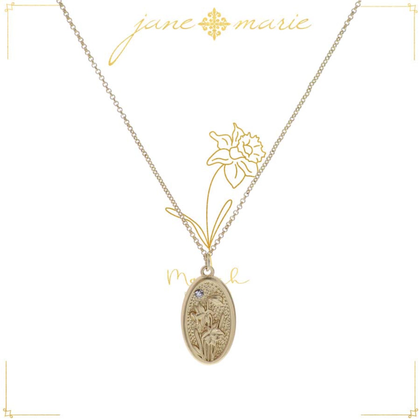 18" Daffodil "March", Floral Oval Necklace, 3" Ext
