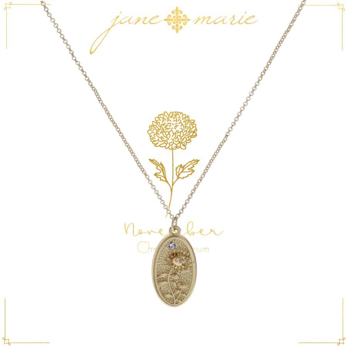 18" Chrysanthemum "November", Floral Oval Necklace, 3" Ext