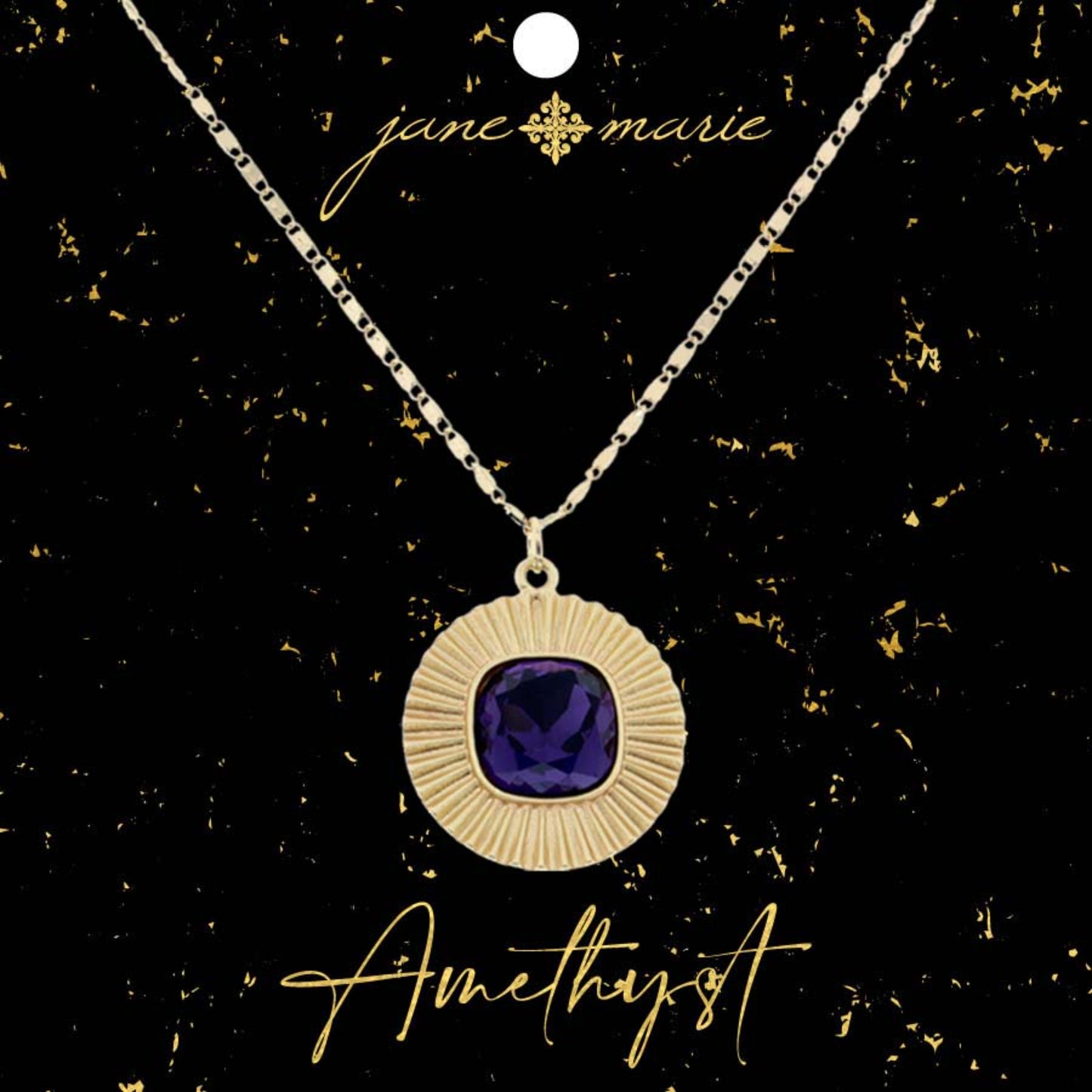 16" Square Amethyst Crystal with Circle Decorative Edging Necklace, 3" Ext